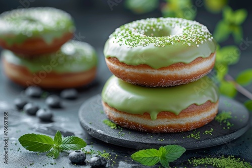 Close-up of freshly made donuts with matcha glazing on a dark background