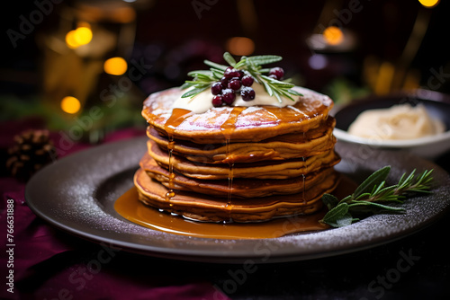 Spiced Sweet potato and gingerbread pancakes on a plate. Generated AI