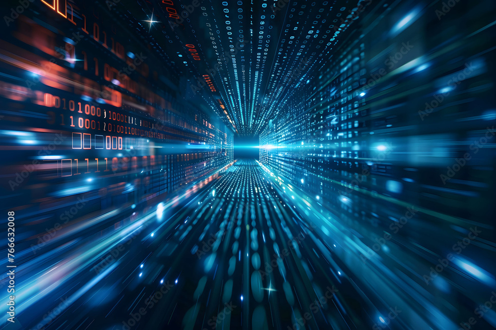 Abstract digital background with blue binary code and light streaks on black background, symbolizing technology and data transfer in cyberspace. This represents the flow of data in computer networks. Abstract digital background with blue binary code and light streaks on black background, symbolizing technology and data transfer in cyberspace. This represents the flow of data in computer networks.