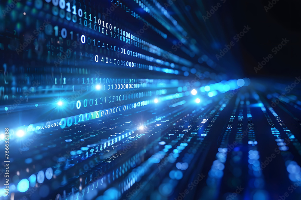 Abstract digital background with blue binary code and light streaks on black background, symbolizing technology and data transfer in cyberspace. This represents the flow of data in computer networks. Abstract digital background with blue binary code and light streaks on black background, symbolizing technology and data transfer in cyberspace. This represents the flow of data in computer networks.