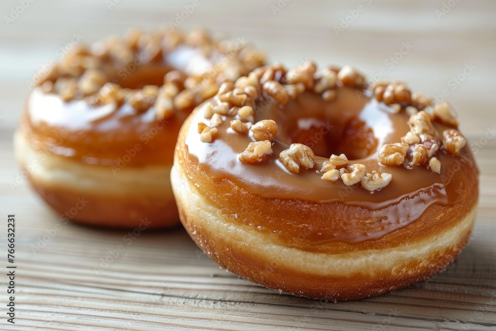 Glazed donuts topped with chopped nuts and caramel, a sweet temptation