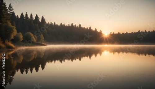 A Breathtaking Sunrise Over A Calm Lake Casting A #766632202