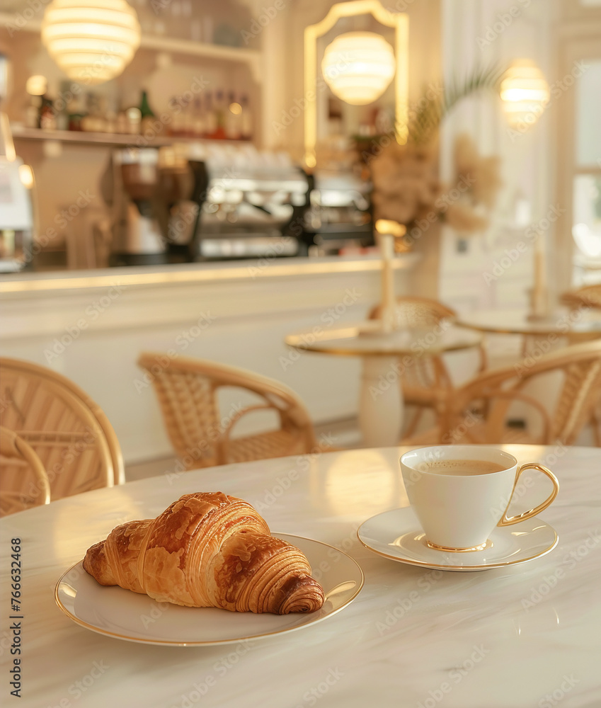 Fresh croissant and cappuccino on the table in cafe Fresh croissant and cappuccino on the table in cafe