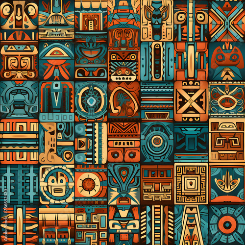 Intricate Symmetry: A Beautiful Display of Traditional Aztec Geometric Patterns in Earthy Color Schemes