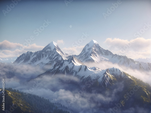Ethereal Dawn: Fog-Shrouded Mountains at Sunrise. generative AI