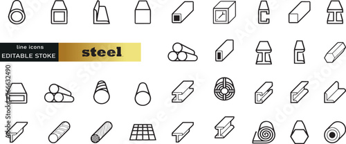 Set of outline icons related to steel. Linear icon collection. Editable stroke. Vector illustration