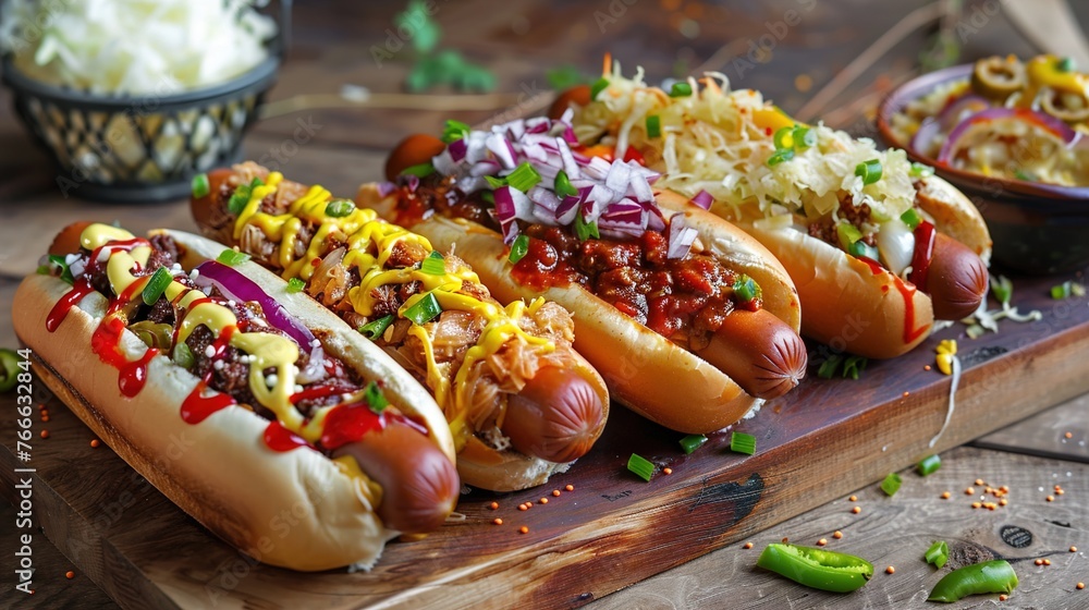A colorful array of gourmet hot dogs topped with a variety of creative toppings like chili, cheese, sauerkraut, onions, and mustard, served on a rustic wooden serving board. - obrazy, fototapety, plakaty 