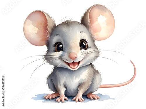 Watercolor drawing of a smiling little mouse, pastel colors, like in a children's book on a white background, love   © zuleyka123