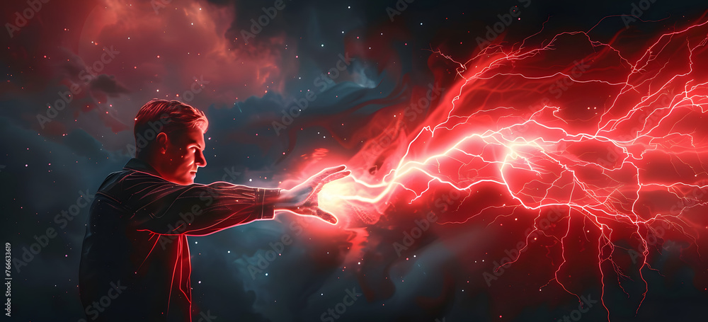 Fototapeta premium Power and might concept illustrated by a human holding a scarlet bolt of electricity.