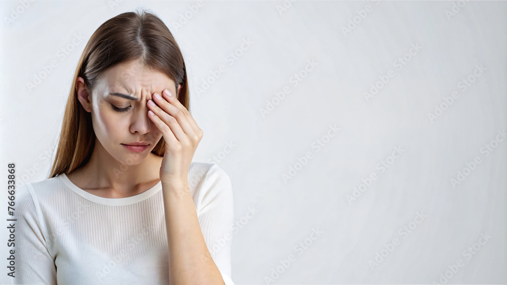 Unwell woman, expressing headache, pain and cry Unwell woman, expressing headache, pain and cry