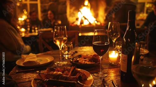 A cozy fireplace corner in an intimate food restaurant, with diners gathered around a crackling fire, enjoying hearty comfort food and fine wine in a warm and welcoming ambiance.
