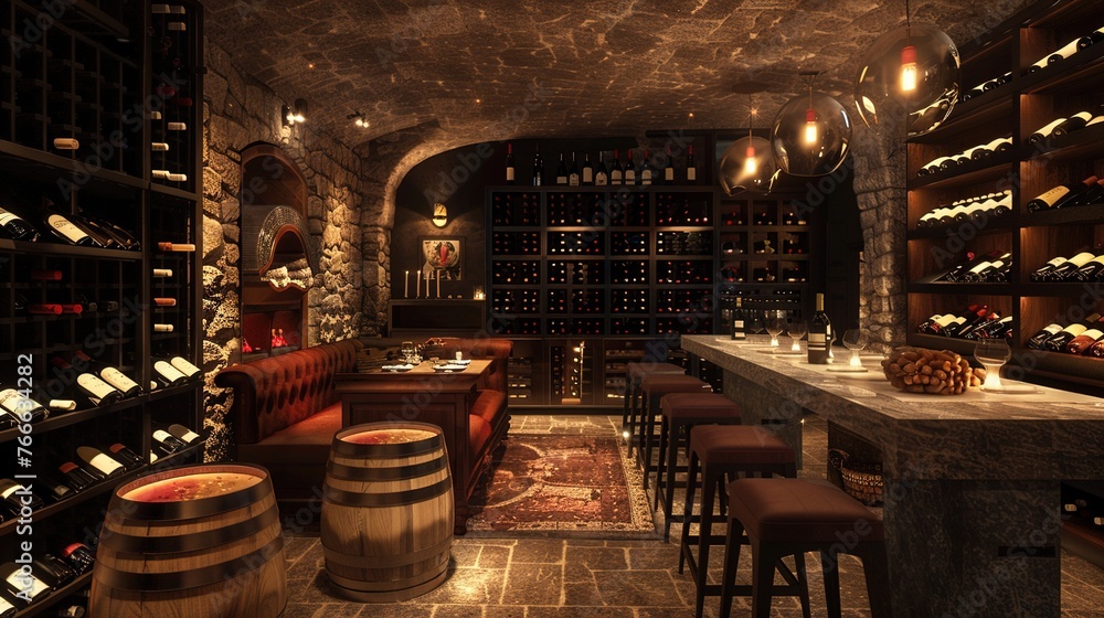 A cozy wine cellar in an intimate food restaurant, lined with racks of fine wines from around the world, where diners can enjoy tastings and pairings curated by knowledgeable sommeliers.