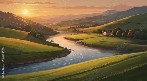  a peaceful digital illustration of a serene countryside, where rolling hills meet the calm expanse of a meandering river, under the warm glow of a setting sun."