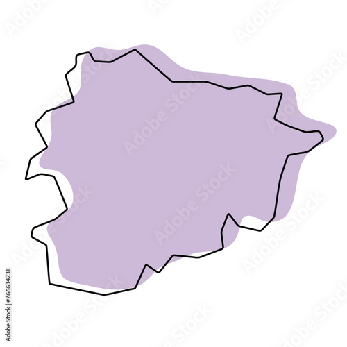 Andorra country simplified map. Violet silhouette with thin black smooth contour outline isolated on white background. Simple vector icon