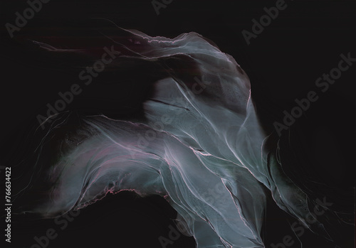 Abstract fluid art background glowing in the dark — black fluid art poster made with alcohol ink. Beautiful flying fabric, textile. Natural backdrop resembles transparent cloth, watercolor, aquarelle.
