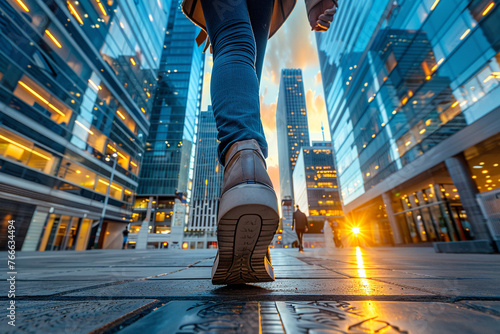 Bottom photo from behind of person walking home from work through glass skyscrapers against a sunset background photo