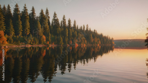 Fiery Farewell: Sunset Reflecting on Tranquil Lake. Sunset on the lake: Orange sky reflected in the calm water of the lake, among dense trees. generative AI