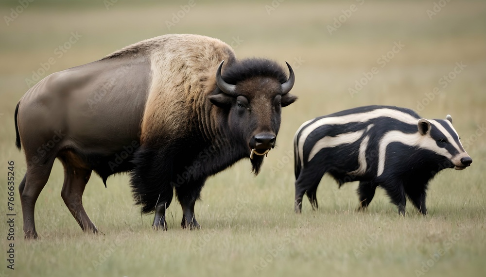 A Buffalo With A Group Of Badgers