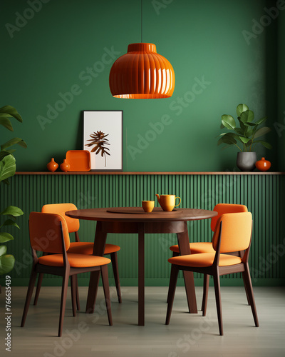 Round wooden table with orange chairs in a green room There is a picture and some plants on the wall