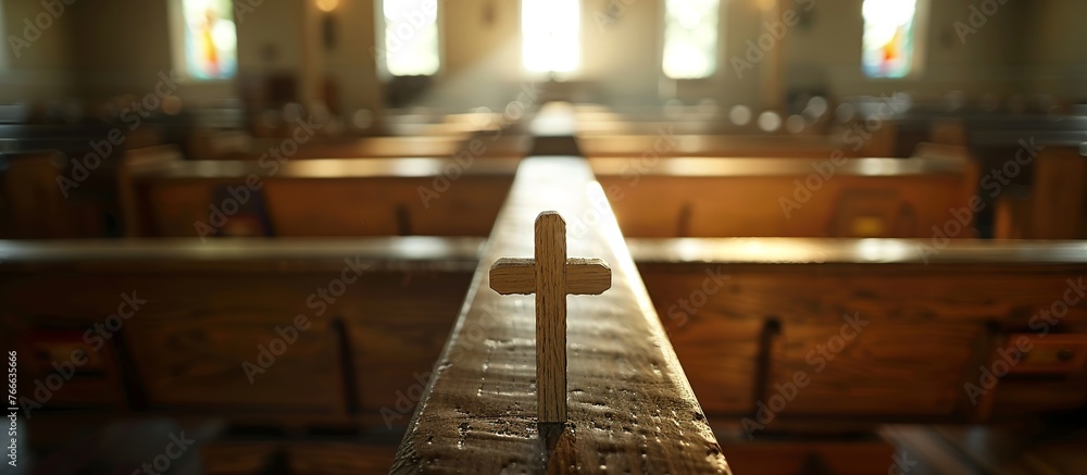 Quiet Sanctuary: Wooden Cross on Church Pews in Soft Light - obrazy, fototapety, plakaty 