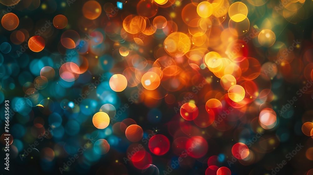In this abstract image, colorful lens flare bokeh creates a mesmerizing display against a black background.