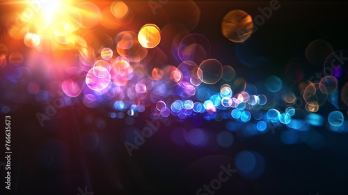 In this abstract image, colorful lens flare bokeh creates a mesmerizing display against a black background.