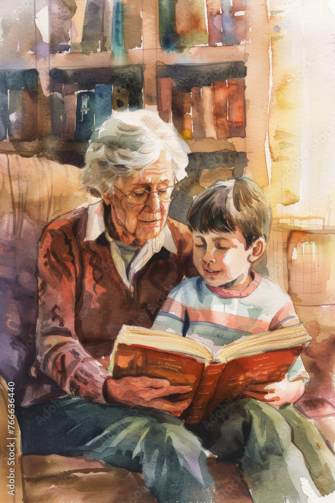 Obraz premium Elderly Woman Reading Book to Young Boy in Cozy Library Setting