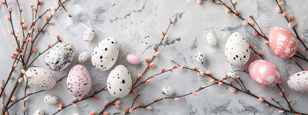 Easter eggs and willow branches on a gray background