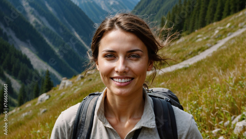 Ragazza dai capelli castani sorride felice mentre cammina durante un trekking estivo in montagna su un sentiero delle Alpi photo