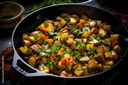 Savory Potato and carrot hash on a skillet. Generated AI