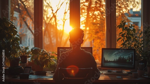 A serene home office silhouette against a sunset backdrop  showcasing a person at work amidst vibrant indoor greenery.