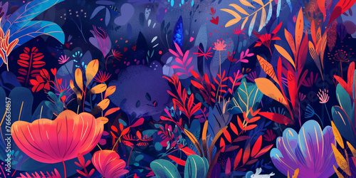 Mysterious Jungle with Flora and Hidden Skull Illustration
