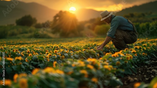 farmer working in flower field