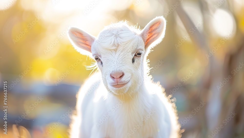 Obraz premium Cute white goat baby, portrait photo, blurred background