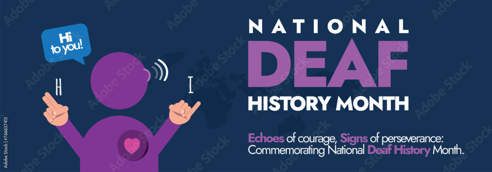 National Deaf History Month. National deaf history month celebration cover with men symbol doing sign language of word I and H. Embracing people with hearing disability. Deaf people solitary idea - obrazy, fototapety, plakaty 