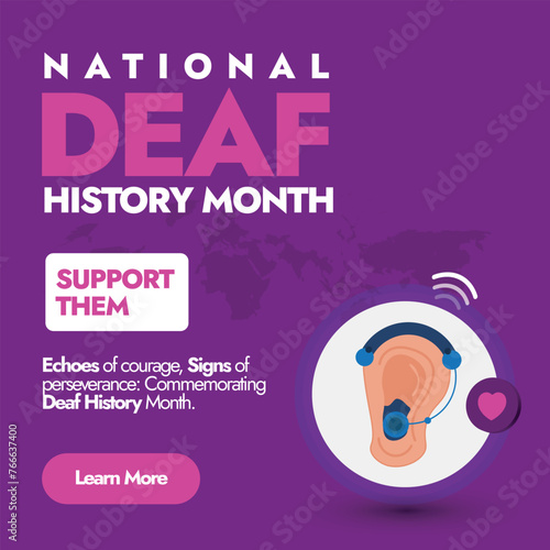 National Deaf History Month. Deaf History Month celebration banner with icon of ear wearing hearing aid in purple background. Social media post, banner to raise awareness for the Deaf community.