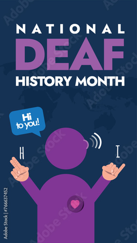 National Deaf History Month. National deaf history month celebration story banner, social media post with men symbol doing sign language of word I and H. Embracing people with hearing disability.
