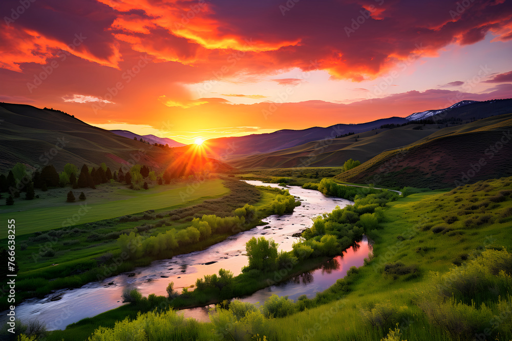 The Majestic Sunset Glory: A Tranquil, Verdant Valley Illuminated by A Spectacular Sky