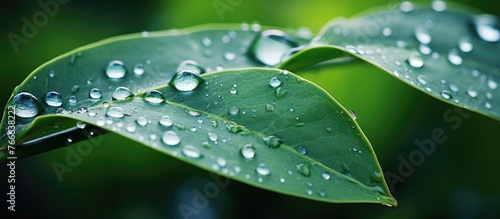 Capture the intricate details of a single leaf covered in small water droplets, creating a mesmerizing visual effect.