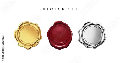 Realistic vector seal wax set. Gold, red and silver wax seal set.