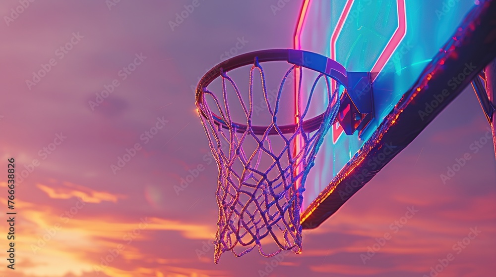 Close-up shot a basketball hoop with neon lights in outdoors at sunset.