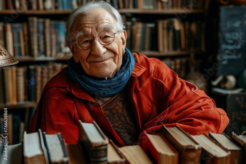 Wise elderly man with a joyful expression in a library setting, surrounded by books