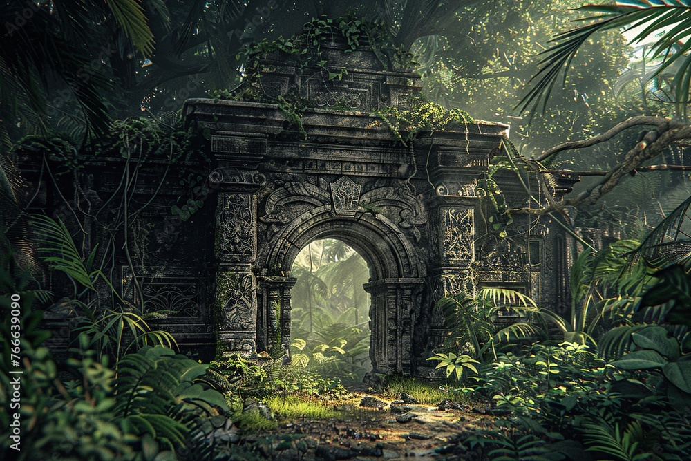 A mysterious ancient stone gate in the middle of an enchanting forest, surrounded by lush greenery and exotic plants.