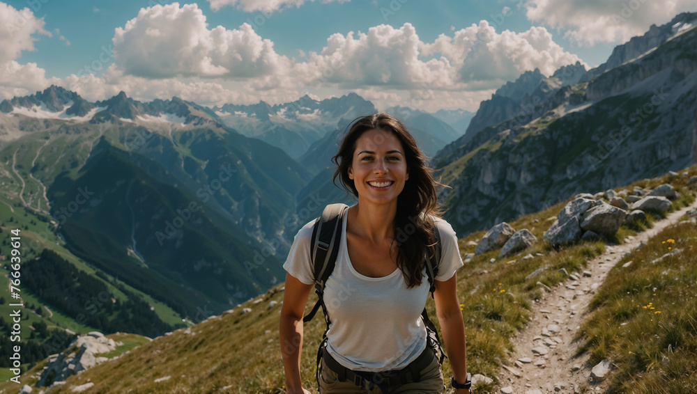 Naklejka premium Ragazza dai capelli castani sorride felice mentre cammina durante un trekking estivo in montagna su un sentiero delle Alpi