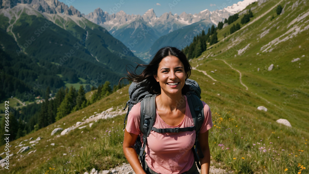 Ragazza dai capelli neri sorride felice mentre cammina durante un trekking estivo in montagna su un sentiero delle Alpi