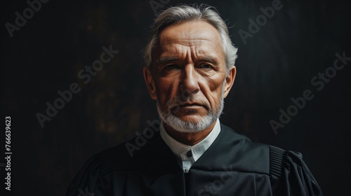 A portrait of a senior male judge or lawyer wearing a black robe and white collar. © Factory