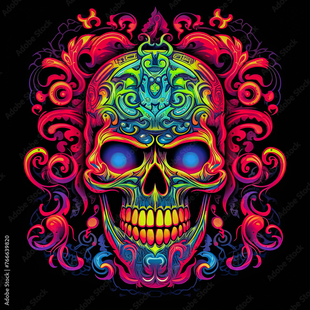 A colorful skull with a yellow smiley face.