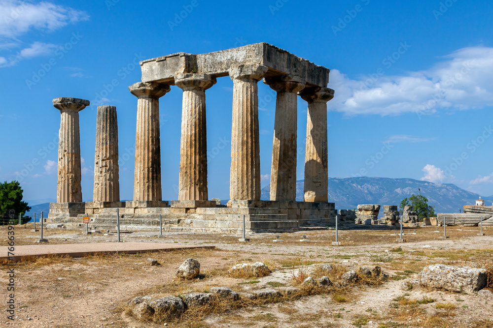 The archaic temple of Apollo, in ancient Corinth, Greece. It was built with monolithid doric columns, around 530 BC.