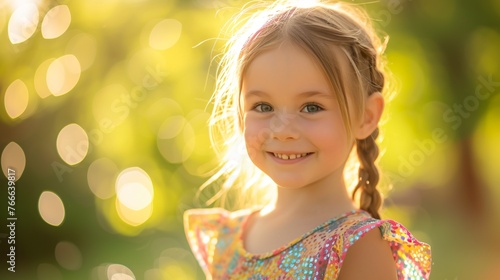 Little girl smiling in the sunlight. She is wearing a colorful dress with a headband in her hair. The background is blurred and out of focus.