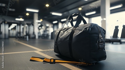 Black gym bag on the floor in the gym. The bag is made of durable material and has a large main compartment, a front pocket, and a side pocket. photo